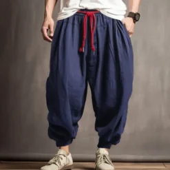 New OUKU Men's Linen Pants Trousers Summer Pants Bloomers Drawstring Elastic Waist Drop Crotch Plain Comfort Breathable Outdoor Daily Going out Fashion Casual Army Green Navy Blue