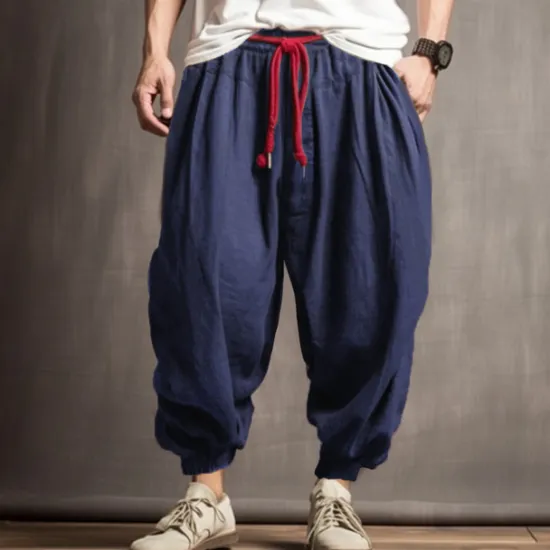 New OUKU Men's Linen Pants Trousers Summer Pants Bloomers Drawstring Elastic Waist Drop Crotch Plain Comfort Breathable Outdoor Daily Going out Fashion Casual Army Green Navy Blue