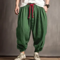 New OUKU Men's Linen Pants Trousers Summer Pants Bloomers Drawstring Elastic Waist Drop Crotch Plain Comfort Breathable Outdoor Daily Going out Fashion Casual Army Green Navy Blue