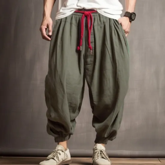New OUKU Men's Linen Pants Trousers Summer Pants Bloomers Drawstring Elastic Waist Drop Crotch Plain Comfort Breathable Outdoor Daily Going out Fashion Casual Army Green Navy Blue