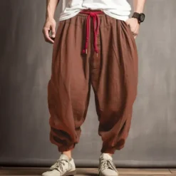 New OUKU Men's Linen Pants Trousers Summer Pants Bloomers Drawstring Elastic Waist Drop Crotch Plain Comfort Breathable Outdoor Daily Going out Fashion Casual Army Green Navy Blue