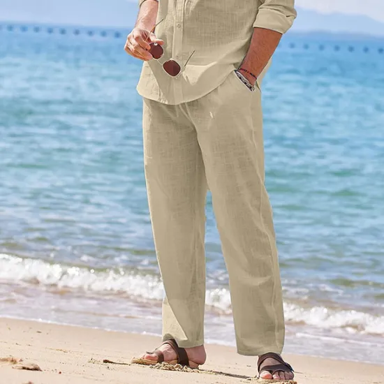 Clearance OUKU Men's Linen Pants Trousers Summer Pants Beach Pants Drawstring Elastic Waist Plain Comfort Breathable Outdoor Daily Going out Fashion Streetwear Black White