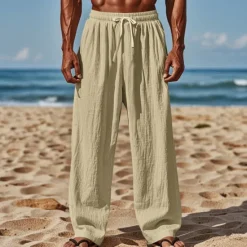 Clearance OUKU Men's Linen Pants Trousers Summer Pants Beach Pants Drawstring Elastic Waist Straight Leg Plain Comfort Breathable Full Length Casual Daily Holiday Vacation Fashion Black White