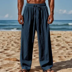 Clearance OUKU Men's Linen Pants Trousers Summer Pants Beach Pants Drawstring Elastic Waist Straight Leg Plain Comfort Breathable Full Length Casual Daily Holiday Vacation Fashion Black White