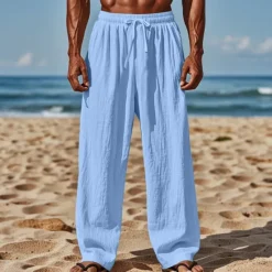 Clearance OUKU Men's Linen Pants Trousers Summer Pants Beach Pants Drawstring Elastic Waist Straight Leg Plain Comfort Breathable Full Length Casual Daily Holiday Vacation Fashion Black White