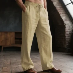 OUKU Men's Linen Pants Trousers Drawstring Pocket Elastic Waist Plain Comfort Breathable Daily Basic Black White