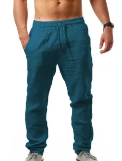 Sale OUKU Men's Linen Pants Trousers Drawstring Elastic Waistband with Side Pocket Casual Chino Daily Linen Like Fabric Plain Dark Brown Black White S M L