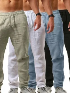 Sale OUKU Men's Linen Pants Trousers Drawstring Elastic Waistband with Side Pocket Casual Chino Daily Linen Like Fabric Plain Dark Brown Black White S M L