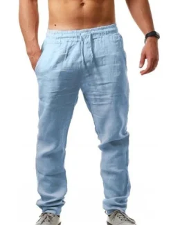 Sale OUKU Men's Linen Pants Trousers Drawstring Elastic Waistband with Side Pocket Casual Chino Daily Linen Like Fabric Plain Dark Brown Black White S M L