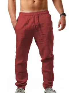 Sale OUKU Men's Linen Pants Trousers Drawstring Elastic Waistband with Side Pocket Casual Chino Daily Linen Like Fabric Plain Dark Brown Black White S M L