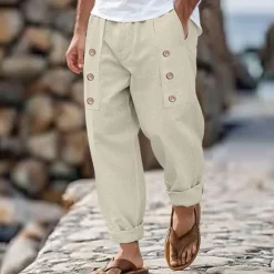 New OUKU Men's Linen Pants Trousers Summer Pants Buttons Front Pocket Pleats Plain Comfort Breathable Full Length Casual Daily Holiday Fashion Basic Loose Fit Black White