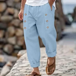 New OUKU Men's Linen Pants Trousers Summer Pants Buttons Front Pocket Pleats Plain Comfort Breathable Full Length Casual Daily Holiday Fashion Basic Loose Fit Black White