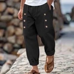 New OUKU Men's Linen Pants Trousers Summer Pants Buttons Front Pocket Pleats Plain Comfort Breathable Full Length Casual Daily Holiday Fashion Basic Loose Fit Black White