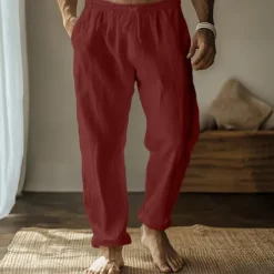 Best OUKU Men's Linen Pants Trousers Summer Pants Gauze Pants Drawstring Elastic Waist Straight Leg Plain Comfort Breathable Full Length Home Casual Daily Fashion Classic Style Black White