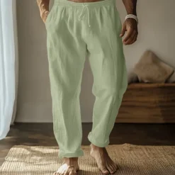 Best OUKU Men's Linen Pants Trousers Summer Pants Gauze Pants Drawstring Elastic Waist Straight Leg Plain Comfort Breathable Full Length Home Casual Daily Fashion Classic Style Black White