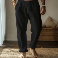 Best OUKU Men's Linen Pants Trousers Summer Pants Gauze Pants Drawstring Elastic Waist Straight Leg Plain Comfort Breathable Full Length Home Casual Daily Fashion Classic Style Black White