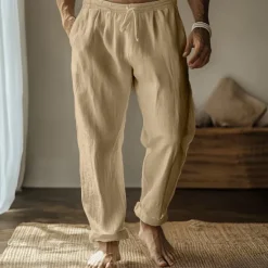 Best OUKU Men's Linen Pants Trousers Summer Pants Gauze Pants Drawstring Elastic Waist Straight Leg Plain Comfort Breathable Full Length Home Casual Daily Fashion Classic Style Black White