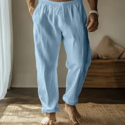 Best OUKU Men's Linen Pants Trousers Summer Pants Gauze Pants Drawstring Elastic Waist Straight Leg Plain Comfort Breathable Full Length Home Casual Daily Fashion Classic Style Black White