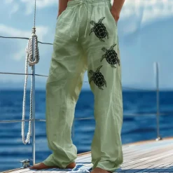 Outlet OUKU Men's Linen Pants Trousers Summer Pants Beach Pants Drawstring Elastic Waist Print Graphic Comfort Daily Vacation Beach 20% Linen Vacation Fashion Blue Green