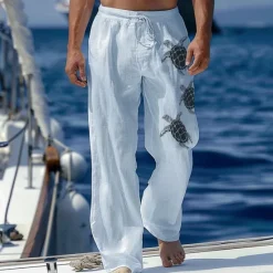 Outlet OUKU Men's Linen Pants Trousers Summer Pants Beach Pants Drawstring Elastic Waist Print Graphic Comfort Daily Vacation Beach 20% Linen Vacation Fashion Blue Green
