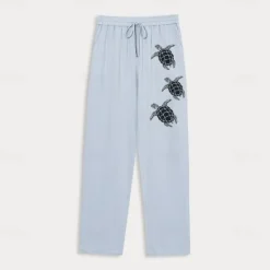 Outlet OUKU Men's Linen Pants Trousers Summer Pants Beach Pants Drawstring Elastic Waist Print Graphic Comfort Daily Vacation Beach 20% Linen Vacation Fashion Blue Green