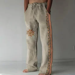 New OUKU Men's Linen Pants Trousers Summer Pants Beach Pants Drawstring Elastic Waist 3D Print Geometric Pattern Graphic Prints Comfort Casual Daily Holiday Vintage Ethnic Style Black Navy Blue