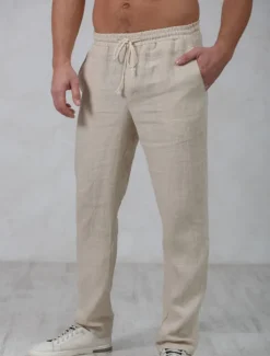 OUKU Men's Linen Pants Trousers Summer Pants Beach Pants Drawstring Elastic Waist Straight Leg Plain Comfort Outdoor Casual Daily Streetwear Stylish Navy Blue Green