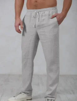 OUKU Men's Linen Pants Trousers Summer Pants Beach Pants Drawstring Elastic Waist Straight Leg Plain Comfort Outdoor Casual Daily Streetwear Stylish Navy Blue Green