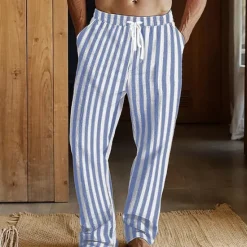 Discount OUKU Men's Linen Pants Trousers Summer Pants Beach Pants Pocket Drawstring Elastic Waist Striped Comfort Breathable Vacation Daily Holiday Hawaiian Boho Red Dark Blue