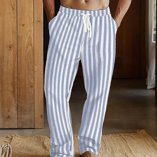Discount OUKU Men's Linen Pants Trousers Summer Pants Beach Pants Pocket Drawstring Elastic Waist Striped Comfort Breathable Vacation Daily Holiday Hawaiian Boho Red Dark Blue