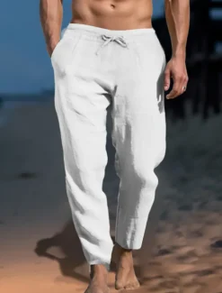 Discount OUKU Men's Linen Pants Trousers Work Pants Beach Pants Pocket Drawstring Elastic Waist Plain Comfort Soft Daily Weekend Streetwear Casual Dark Khaki Light Khaki Micro-elastic