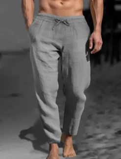 Discount OUKU Men's Linen Pants Trousers Work Pants Beach Pants Pocket Drawstring Elastic Waist Plain Comfort Soft Daily Weekend Streetwear Casual Dark Khaki Light Khaki Micro-elastic
