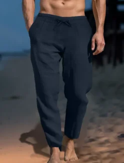 Discount OUKU Men's Linen Pants Trousers Work Pants Beach Pants Pocket Drawstring Elastic Waist Plain Comfort Soft Daily Weekend Streetwear Casual Dark Khaki Light Khaki Micro-elastic
