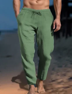Discount OUKU Men's Linen Pants Trousers Work Pants Beach Pants Pocket Drawstring Elastic Waist Plain Comfort Soft Daily Weekend Streetwear Casual Dark Khaki Light Khaki Micro-elastic