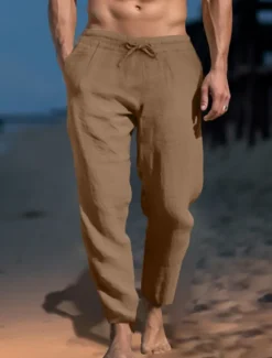 Discount OUKU Men's Linen Pants Trousers Work Pants Beach Pants Pocket Drawstring Elastic Waist Plain Comfort Soft Daily Weekend Streetwear Casual Dark Khaki Light Khaki Micro-elastic