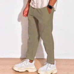Discount OUKU Men's Linen Pants Trousers Summer Pants Beach Pants Pocket Drawstring Elastic Waist Plain Comfort Breathable Daily Holiday Vacation Hawaiian Boho Black White