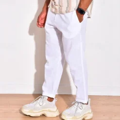 Discount OUKU Men's Linen Pants Trousers Summer Pants Beach Pants Pocket Drawstring Elastic Waist Plain Comfort Breathable Daily Holiday Vacation Hawaiian Boho Black White