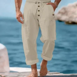 Outlet OUKU Men's Linen Pants Trousers Summer Pants Beach Pants Buttons Drawstring Elastic Waist Plain Comfort Breathable Full Length Casual Daily Holiday Vacation Fashion Black White