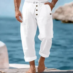 Outlet OUKU Men's Linen Pants Trousers Summer Pants Beach Pants Buttons Drawstring Elastic Waist Plain Comfort Breathable Full Length Casual Daily Holiday Vacation Fashion Black White