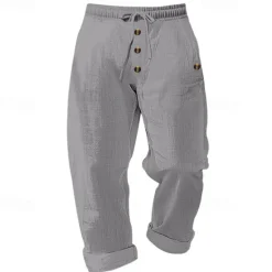 Outlet OUKU Men's Linen Pants Trousers Summer Pants Beach Pants Buttons Drawstring Elastic Waist Plain Comfort Breathable Full Length Casual Daily Holiday Vacation Fashion Black White
