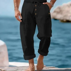 Outlet OUKU Men's Linen Pants Trousers Summer Pants Beach Pants Buttons Drawstring Elastic Waist Plain Comfort Breathable Full Length Casual Daily Holiday Vacation Fashion Black White