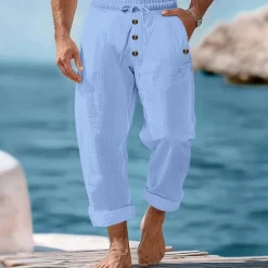 Outlet OUKU Men's Linen Pants Trousers Summer Pants Beach Pants Buttons Drawstring Elastic Waist Plain Comfort Breathable Full Length Casual Daily Holiday Vacation Fashion Black White