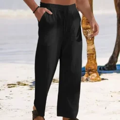 Outlet OUKU Men's Linen Pants Trousers Summer Pants Baggy Pants Beach Pants Drawstring Elastic Waist Straight Leg Plain Comfort Breathable Full Length Outdoor Daily Holiday Vacation Fashion Black White