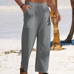 Outlet OUKU Men's Linen Pants Trousers Summer Pants Baggy Pants Beach Pants Drawstring Elastic Waist Straight Leg Plain Comfort Breathable Full Length Outdoor Daily Holiday Vacation Fashion Black White
