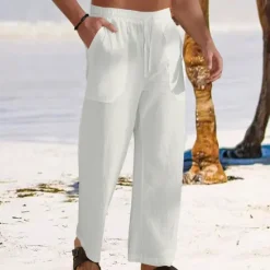 Outlet OUKU Men's Linen Pants Trousers Summer Pants Baggy Pants Beach Pants Drawstring Elastic Waist Straight Leg Plain Comfort Breathable Full Length Outdoor Daily Holiday Vacation Fashion Black White