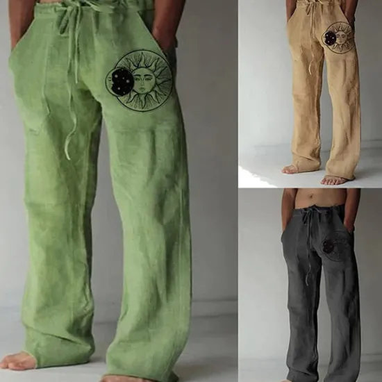 Outlet OUKU Men's Linen Pants Trousers Summer Pants Beach Pants Pocket Drawstring Print Sun Graphic Prints Comfort Outdoor Daily Going out Streetwear Stylish White Yellow
