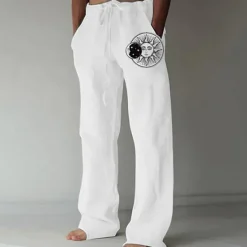 Outlet OUKU Men's Linen Pants Trousers Summer Pants Beach Pants Pocket Drawstring Print Sun Graphic Prints Comfort Outdoor Daily Going out Streetwear Stylish White Yellow