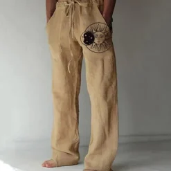 Outlet OUKU Men's Linen Pants Trousers Summer Pants Beach Pants Pocket Drawstring Print Sun Graphic Prints Comfort Outdoor Daily Going out Streetwear Stylish White Yellow