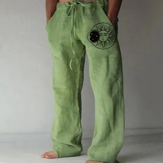 Outlet OUKU Men's Linen Pants Trousers Summer Pants Beach Pants Pocket Drawstring Print Sun Graphic Prints Comfort Outdoor Daily Going out Streetwear Stylish White Yellow