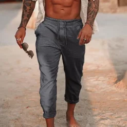 Online OUKU Men's Linen Pants Trousers Summer Pants Drawstring Elastic Waist Plain Comfort Breathable Daily Beach Fashion Simple Black White Micro-elastic